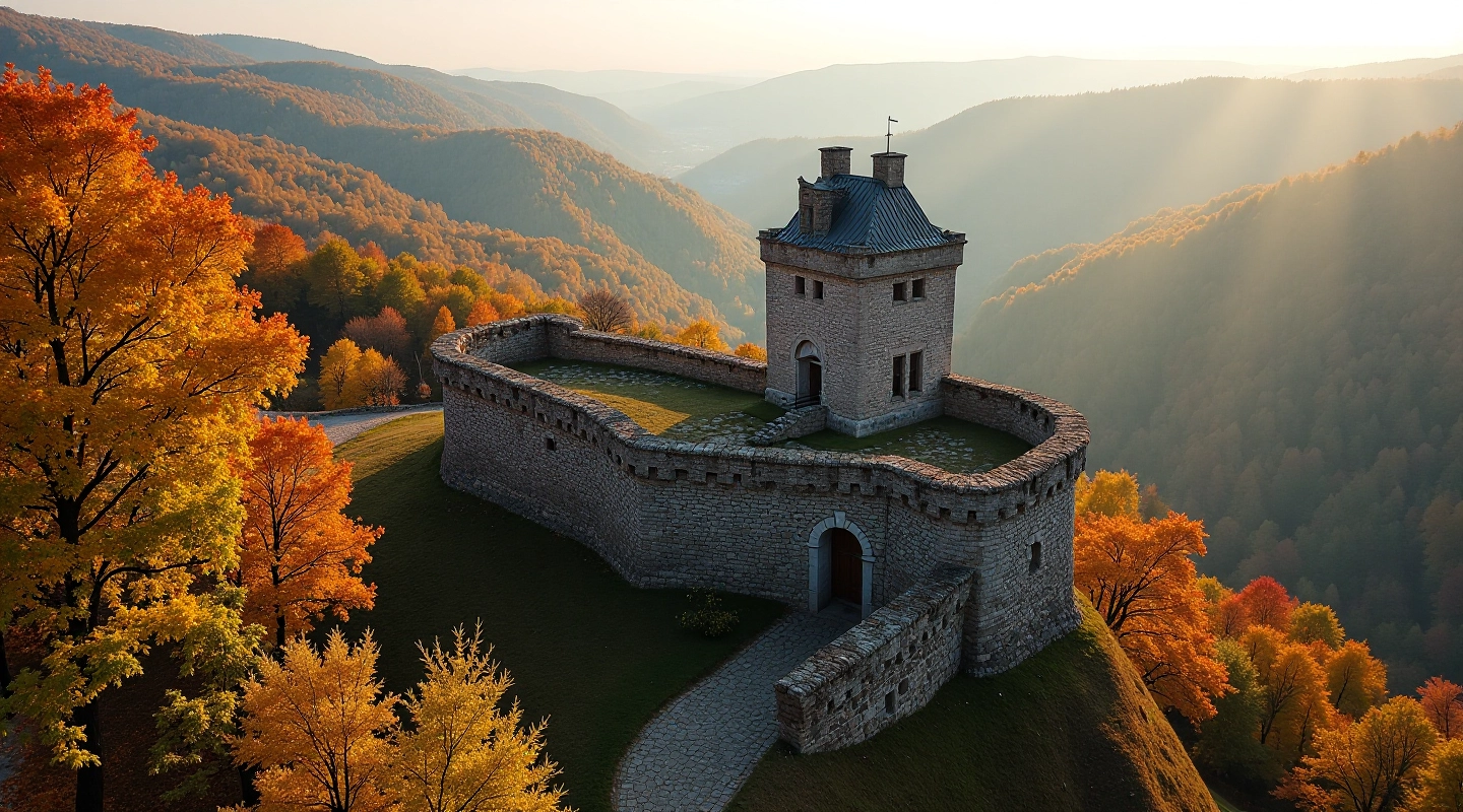 Veca pils drupas uz kalna, meži apkārt, skaists rudens skats