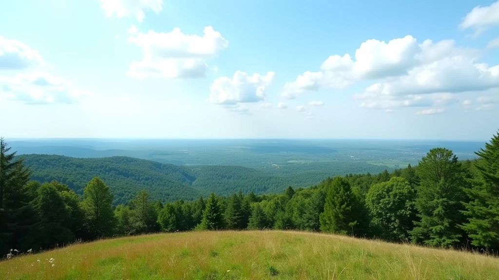 Panorāmas skats no pilskalna virsotnes, meži apkārt, debeši horizontā, eklektisks vidējais gaismas apgaismojums