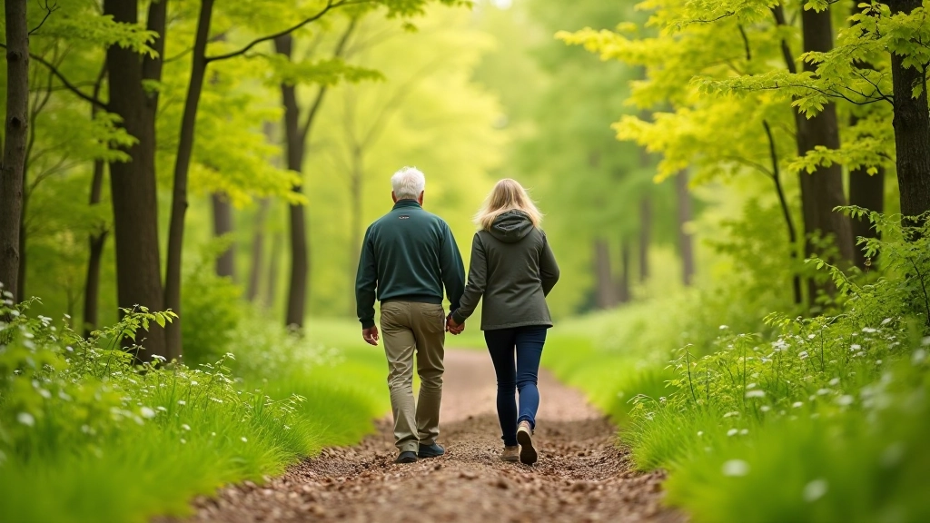 Seniori pārgājienā, divi cilvēki uz šauras meža taciņas, pavasarī