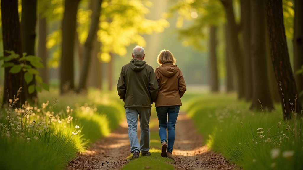 Seniori pārgājienā uz meža taciņas, pavasarī