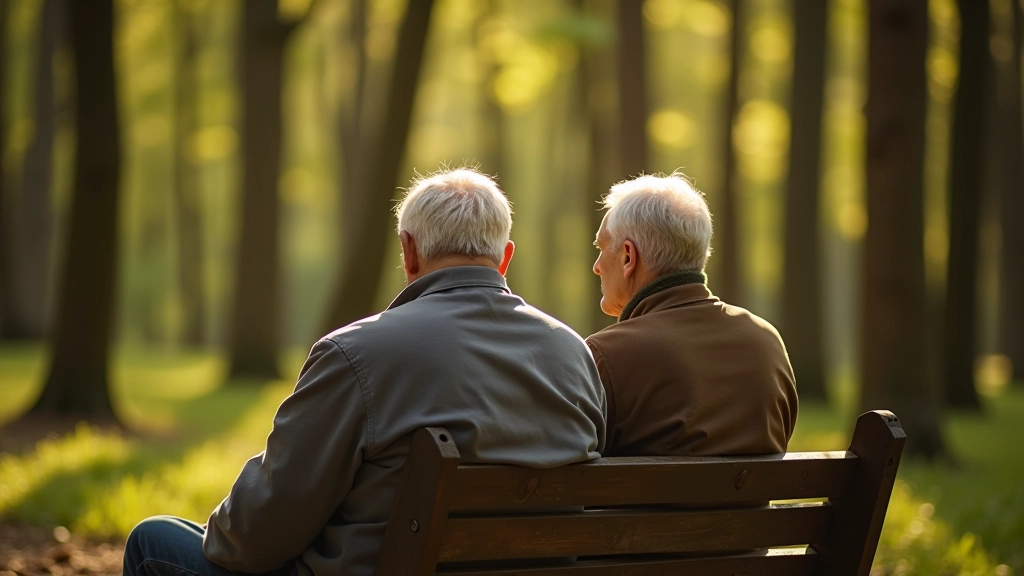 Seniori sēž uz meža solīša, gaidot skaņas no daļas, miers un atpūta
